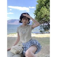 Sinsingirl Nhịp Tim Đặt Hàng Hoa Trái Tim Ngắn Tay Áo Thun Top Bánh Váy Mùa Hè Hai Mảnh Nữ