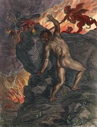 Sisyphus Rolling Stone Nsisyphus Condemned By Zeus To The Everlasting Task Of Trying To Roll A Huge Stone To The Top Of A Mountain Copper Engraving...