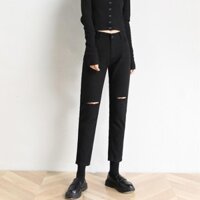 [Size 26-35] Quần Baggy Nữ Đen Rách Gối, Lưng Cao, Đứng Form, Không Co Giãn  ྇