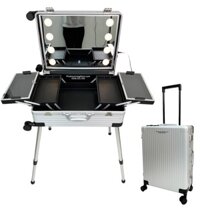 [SIZE 65] Cốp Kéo Đựng Đồ Trang Điểm Có Gương Đèn LED Vỏ Nhựa Viền Nhôm [Màu Bạc] PC7 - CD8BB