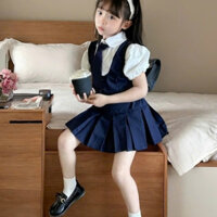 [Size 9 - 46kg] Set bộ nữ sinh vest quý tộc 3 món(áo,cavat,chân váy kèm quần) kaki thô cotton mát bé gái đến 45kg