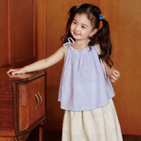 [Size 9 - 46kg] Set tiểu thư áo và chân váy thô cotton trắng xanh mát mẻ dễ mix đồ vô cùng