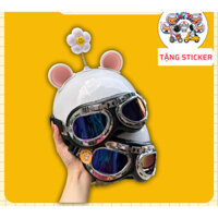 (SIZE EM BÉ) Nón Bảo Hiểm Nửa Đầu Kính Phi Công Kèm Phụ Kiện Tai Chuột Mickey Và Bông Hoa