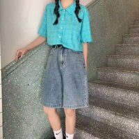 Size Lớn Béo MM Retro Phiên Bản Hàn Quốc Quần Short Denim Nữ Cao Cấp Ôm Hơn Nhìn Học Sinh Thẳng Năm Điểm Quần 1.8