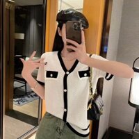 Size Lớn Dệt Kim Áo Thun Bé Gái Đơn Giản Mỏng Đan Tay Ngắn Đáy Áo Sơ Mi Nữ Đa Năng Dệt Kim Phong Cách Chanel Áo Len Mới Cổ Chữ v Rỗng Màu Lỏng Lẻo Phù Hợp
