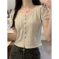 Size Lớn Nữ Mùa Hè Pháp Ngọt Ngào Vintage Chắc Chắn Cổ Tròn Dệt Kim Rỗng Phù Hợp Với Sương Eo Top