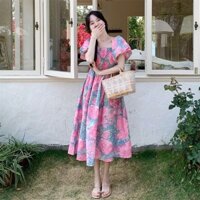 Size Lớn Nữ Mùa Hè Phong Cách Pháp Gợi Cảm Cổ Vuông Phong Cách Ngày Lễ Đèn Lồng Tay Áo Đầm Hoa
