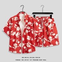 Size M-4XL. Mùa hè dáng rộng phiên bản Hàn Quốc hoa thời trang Áo sơ mi tay ngắn Thái Lan + quần short Bộ đồ thường ngày nam Hawaii