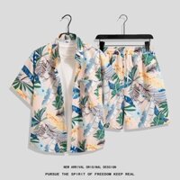 Size M-4XL. Mùa hè mới của Mỹ xu hướng retro dáng rộng phiên bản Hàn Quốc nguyên bản hoa văn thực vật thời trang giản dị Quần short nam thương hiệu thời trang Thái Lan + áo sơ mi ngắn tay Bộ đồ bãi biển Hawaii