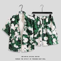 Size M-4XL. Mùa hè mới dáng rộng thời trang phiên bản Hàn Quốc tranh sơn dầu họa tiết hoa kiểu Mỹ retro giản dị xu hướng hoa Thái Lan quần short đi biển Hawaii nam + bộ áo sơ mi ngắn tay