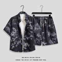 Size M-4XL. Mùa hè mới xu hướng Mỹ dáng rộng họa tiết tre Hàn Quốc cổ đứng cổ điển giản dị thương hiệu thời trang Thái Lan hoa Quần short đi biển nam Hawaii + bộ áo sơ mi ngắn tay