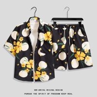 Size M-4XL. Nam xu hướng mùa hè mới dáng rộng phiên bản Hàn Quốc hoa họa tiết lá thời trang cổ điển giản dị Áo sơ mi tay ngắn hoa Thái Lan + quần short nam Bộ đồ đi biển Hawaii