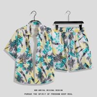 Size M-4XL. Thời trang mùa hè mới dáng rộng Hàn Quốc màu cây dừa in quần short thẳng + Áo sơ mi ngắn tay cổ điển Thái Lan nam Hawaii đi biển thường ngày phù hợp với