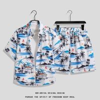 Size M-4XL. Thời trang mùa hè mới dáng rộng phiên bản Hàn Quốc của quần short chân thẳng họa tiết cây dừa + áo sơ mi ngắn tay Hawaii giản dị đi biển Thái phù hợp với nam