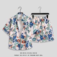 Size M-4XL. Thời trang mùa hè mới dáng rộng phiên bản Hàn Quốc họa tiết hoa thực vật Quần short thẳng hoa Thái Lan + áo sơ mi ngắn tay nam Hawaii phù hợp với bộ đồ thường ngày