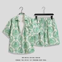 Size M-4XL. Thời trang mùa hè mới dáng rộng hoạt hình Hàn Quốc họa tiết hoa giản dị Quần short thẳng cổ điển Thái Lan + áo sơ mi ngắn tay nam Hawaii đi biển phù hợp với