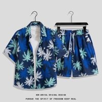 Size M-4XL. Thời trang mùa hè mới dáng rộng Hàn Quốc nhiều màu sắc họa tiết lá quần short thẳng + Áo sơ mi ngắn tay cổ điển Thái Lan nam Hawaii đi biển thường ngày phù hợp với