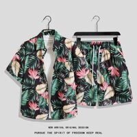 Size M-4XL. Thời trang mùa hè mới dáng rộng họa tiết lá Hàn Quốc Áo sơ mi ngắn tay cổ điển Thái Lan + quần short thẳng nam Hawaii đi biển thường ngày phù hợp với