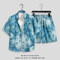 Size M-4XL. Xu hướng mới mùa hè Loose tranh sơn dầu Hàn Quốc cà vạt thuốc nhuộm hoa văn thời trang cổ điển giản dị hoa Thái Lan Quần short nam đi biển Hawaii + bộ áo sơ mi ngắn tay