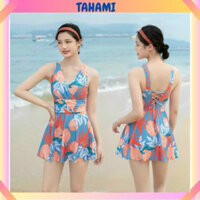 (SIZE M, L, XL) Đồ Bơi Nữ Bikini Liền Thân Đầm Rút Lưng Váy Xòe Hoa Mới TAHAMI