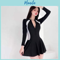 [Size M,L,XL] Bikini liền mảnh khóa kéo ngắn tay, dài tay váy xòe kín đáo chạy sọc viền trắng Manila