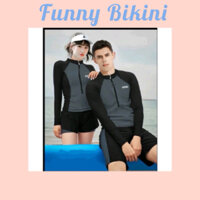 [Size M,L,XL]Bikini, Đồ bơi Nam Nữ đi biển 2 mảnh quần đùi 2 lớp áo tay dài dáng thể thao năng động kín đáo màu xám MS-9