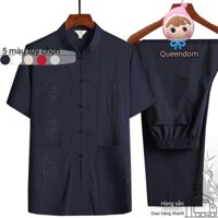 Size39-43 Bộ đồ Nam Ngắn Tay Tang Suit áo sơ Mi Hai Mảnh Nút Kiểu Trung Quốc Cho Người Trung Niên Và Cao Tuổi