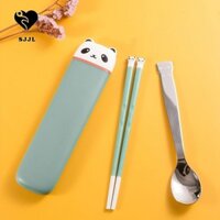 Sjjl Đũa Thìa Bộ Thực Phẩm Nhà Flatware Thép Không Gỉ Silicon Dễ Thương Gấu Trúc Bộ Đồ Ăn