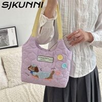 SJKUNNI Túi Tote , Túi Đeo Vai Thêu Màu Kem, Túi Xách Cotton Dung Tích Lớn Phong Cách Hàn Quốc