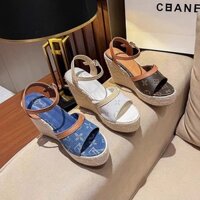 Sk 11cm Siêu Cao Gót Denim Vải Nêm Gót Giày Sandal Nữ Mùa Hè Đế Dày Màu Khóa Mở @