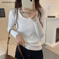 [Sk] Áo thun dệt kim nữ Áo len cổ tròn dài tay trơn cơ bản SK