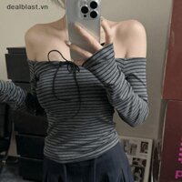 [Sk] Áo trễ vai nữ mùa thu Áo thun dài tay sọc gợi cảm SK