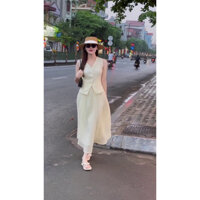 SK46 Set Áo Sơ Mi Cổ Tim Váy Dài