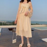 Skirt female student Korean 2020 gentle bow suspender dress hollow lace long sunscreen air conditioning shirt
