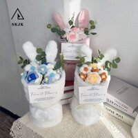 Skjk Sang Trọng Dệt Kim Bó Hoa, Hoa Hồng Dệt Kim Hoàn Thành Móc Hoa, Màu Trơn Thỏ Hình Tai Hoạt Hình Vải Sáng Tạo Bọc Hoa Trang Trí Đám Cưới