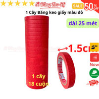 SKU117 - Băng keo giấy màu đỏ rộng 1.5cm, dài 25 mét, lõi giấy 3mm, 1 cây 18 cuộn, giá tại xưởng