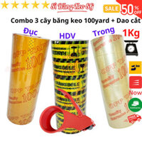 SKU169 - Combo 3 cây băng keo trong, đục, hàng dễ vỡ loại 100yard/1kg/6 cuộn, rộng 4.7cm, lõi 5mm, Tặng dao cắt băng keo
