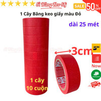 SKU17 - Băng keo giấy màu đỏ rộng 3cm, dài 25 mét, lõi giấy 3mm, 1 cây 10 cuộn, giá tại xưởng - Sỉ Băng Keo SG