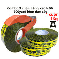 SKU193 - Combo 3 cuộn băng keo hàng dễ vỡ 500yard kèm dao cắt, 1 cuộn nặng 1kg, rộng 4.7cm, lõi giấy 5mm - STBK