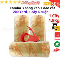 SKU224 - Combo 3 cây băng keo trong, đục 200yard kèm dao cắt, 1 cây 1.8kg, lõi giấy 5mm, rộng 4,7cm, 1 cây 6 cuộn