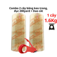 SKU244 - Combo 2 cây băng keo trong, đục 200yard kèm dao cắt băng keo, 1 cây nặng 1.6Kg lõi giấy 5mm, chiều rộng 4,7cm