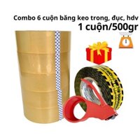 SKU286 - Combo 6 cuộn băng keo trong, đục 500gr kèm 1 cuộn băng keo hàng dễ vỡ 500gr và dao cắt băng keo - STBK