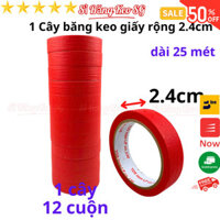 SKU325 - Băng keo giấy màu đỏ, rộng 2.4cm, dài 25 mét, lõi giấy 3mm - 1 cây có 12 cuộn