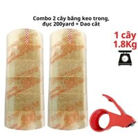 SKU333 - Combo 2 cây băng keo trong, đục 200yard kèm dao cắt băng keo, 1 cây nặng 1kg8 lõi giấy 5mm, chiều rộng 4,7cm