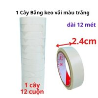 SKU703 - Băng keo vải màu Trắng, rộng 2.4cm, dài 12 mét mỗi cuộn, lõi giấy 3mm - 1 cây có 12 cuộn - STBK