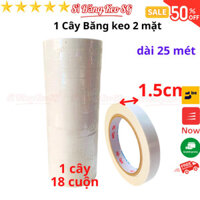 SKU769 - Băng keo 2 mặt, rộng 1.5cm, dài 25 mét mỗi cuộn, lõi giấy 3mm - 1 cây có 18 cuộn