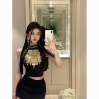 ]Slim-Fit Outerwear Hot Girl Panel Pressing Niche Slimming[Short Top Summer Hot Selling Women's Black Halter Heavy Industry Vest Pure Shop OARL