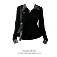 Slim-Fit Shoulder Autumn Long Sleeve Women's Collar Beauty Style POLO New Embroidery Fake Two Pieces T Trendy Slimming Plaid Shirt