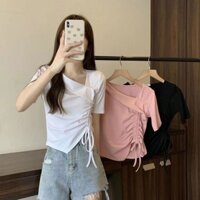 Slim-fit thuần khiết khao khát sang trọng cổ chéo áo thun ngắn tay nữ mùa hè mới dây rút không đều thiết kế ngắn hàng đầu ins