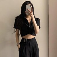 Slim upper collar American T-shirt retro polo all-match knot button ins short shirt high waist WEEKEEP ZO0D